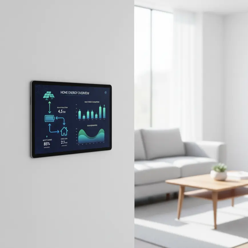 Digitales Display zeigt Energiemanagementsystem Dashboard mit Solarstrom Flussdiagramm und Verbrauchsdaten in modernem Zuhause